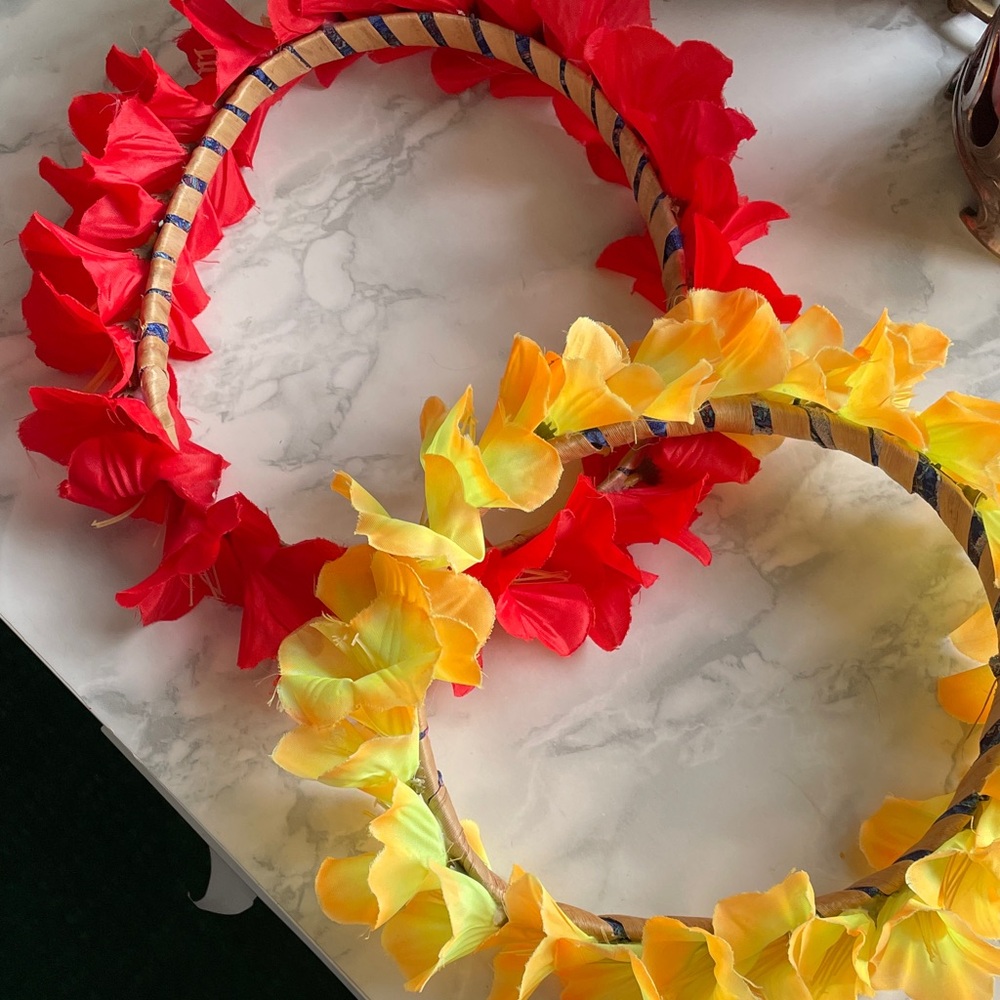 Two VINTAGE handmade artificial hibiscus Hawaiian Crown Lei